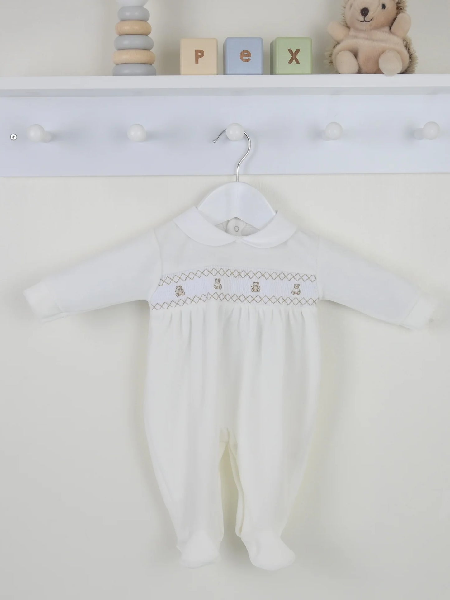 Pex Ivory Smocked Velour Teddy Sleepsuit | Prem to 3-6M