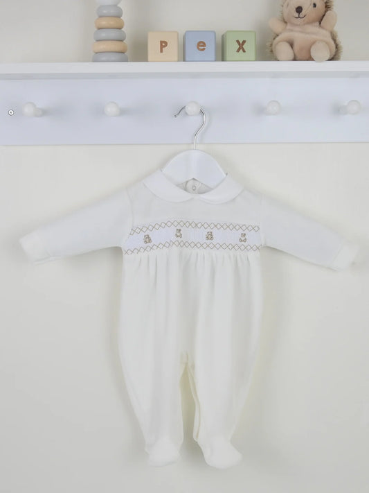 Pex Ivory Smocked Velour Teddy Sleepsuit | Prem to 3-6M