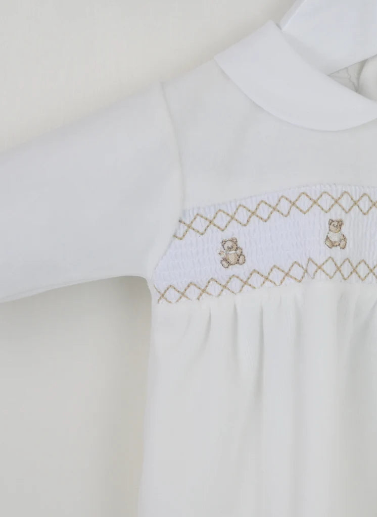 Pex Ivory Smocked Velour Teddy Sleepsuit | Prem to 3-6M