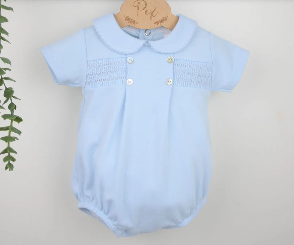 Pex Smocked Blue Romper | Newborn to 18-24M