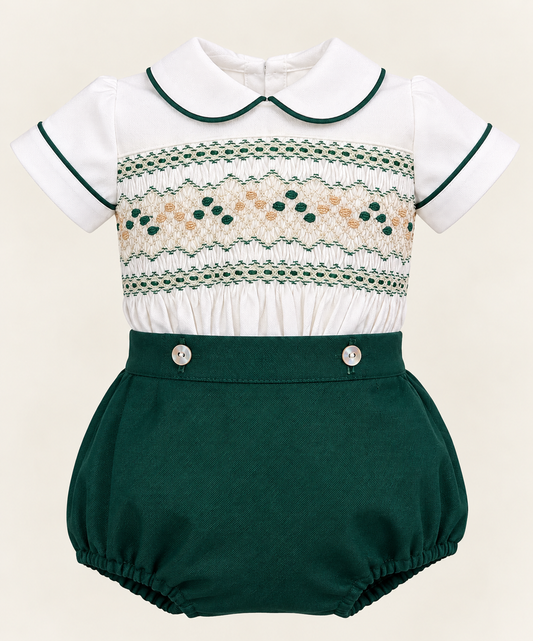 The Kensington Collection - Emerald Green & Camel Hand Smocked Boys Suit | 6m-3y