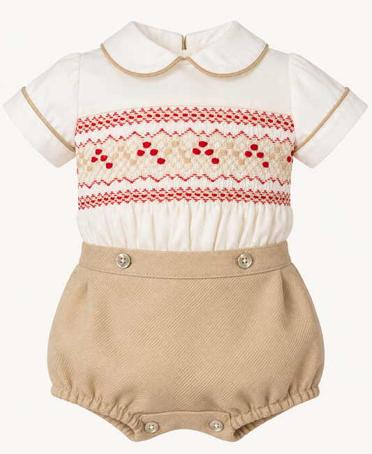 Christmas at Claridge's Collection - Ivory, Camel & Red Hand Smocked Boys Suit | 6m-3y