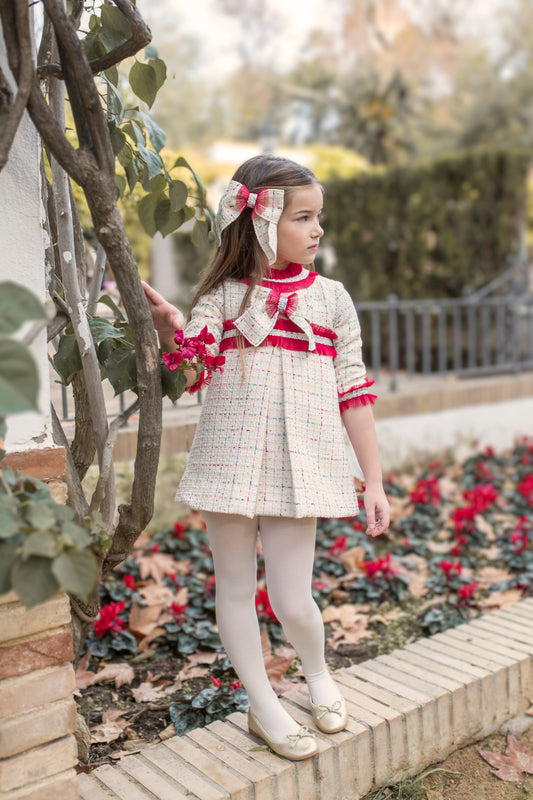 Naxos Girls Red & Cream Tweed Bow Dress | Winter Party Dress with Statement Trim (3-6 Years)