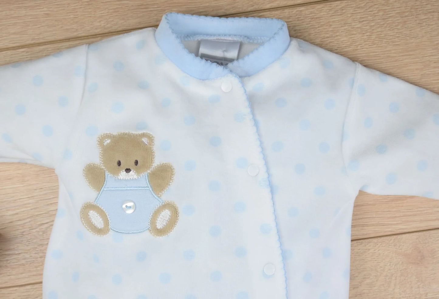 Pex White/Baby Blue Teddy Spot Sleepsuit | Prem to 3-6M