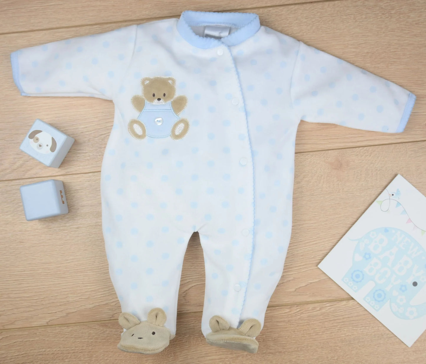 Pex White/Baby Blue Teddy Spot Sleepsuit | Prem to 3-6M
