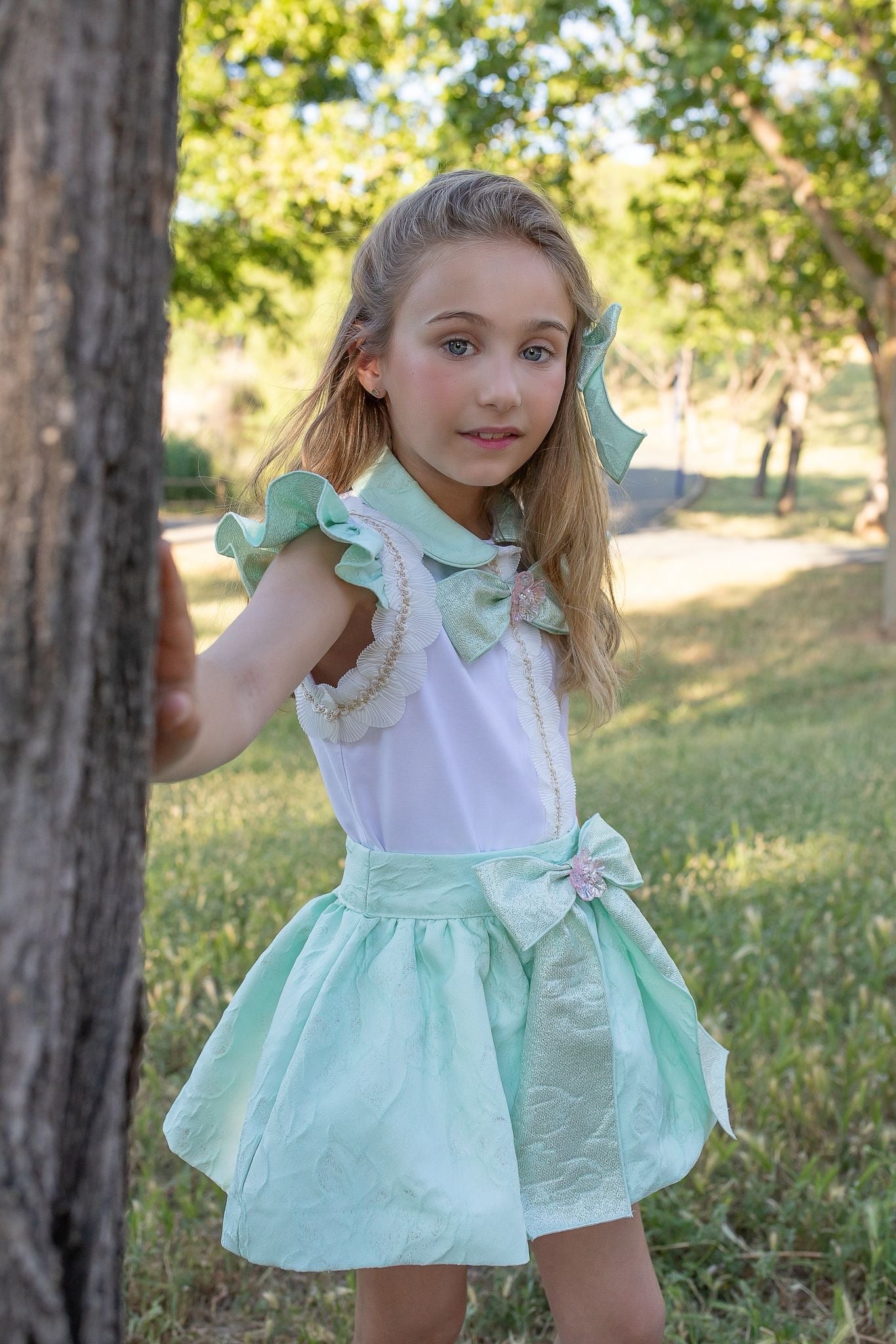 Naxos Girls Pastel Green Skirt Set | Garden Party Summer Skirt Set (5-12 Years)