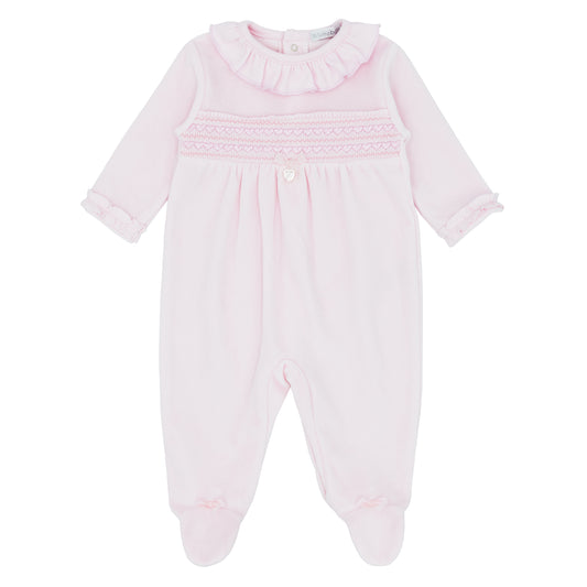 Blues Baby Girls Pink Velour Smocked Babygrow