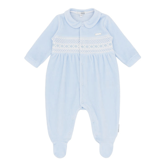 Blues Baby ‘Tivoli’ Boys Blue Smocked Velour All in One| Soft Blue (NB-6M)