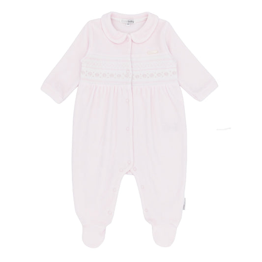 Blues Baby ‘Tivoli’ Girls Pink Smocked Velour All in One| Soft Pink(NB-6M)