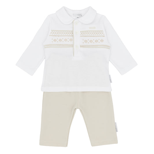Blues Baby ‘Tivoli’ Boys White/Beige Two Piece Set| Soft Beige (12M-4Y)