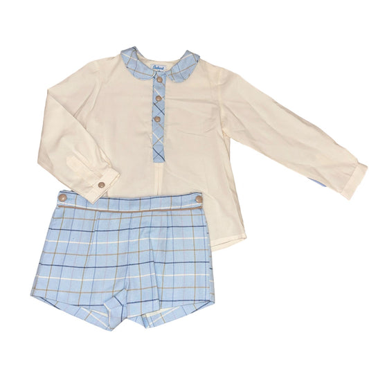 AW24 Babine Boys Cream and Blue Check Shorts Set