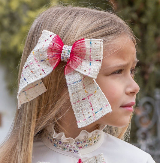 Naxos Girls Tweed Hair Bow Clip | Red & Cream Spanish Hair Bow