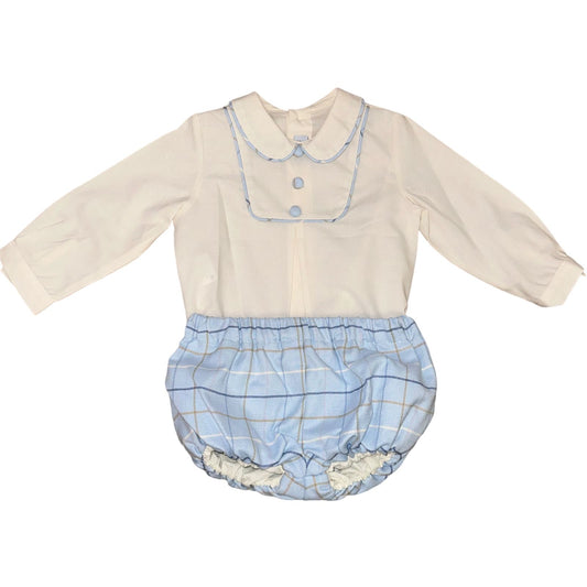 AW24 Babine Baby Boys Cream and Blue Check Knicker Shorts Set