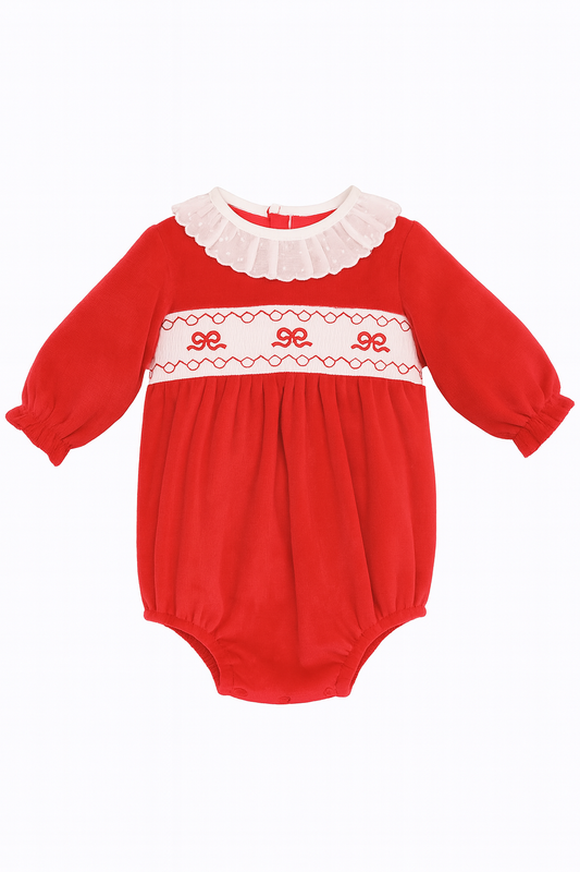 Red Smocked Velour Baby Romper with Collar | NB–6-9M | Christmas & Winter Baby Girl Outfit