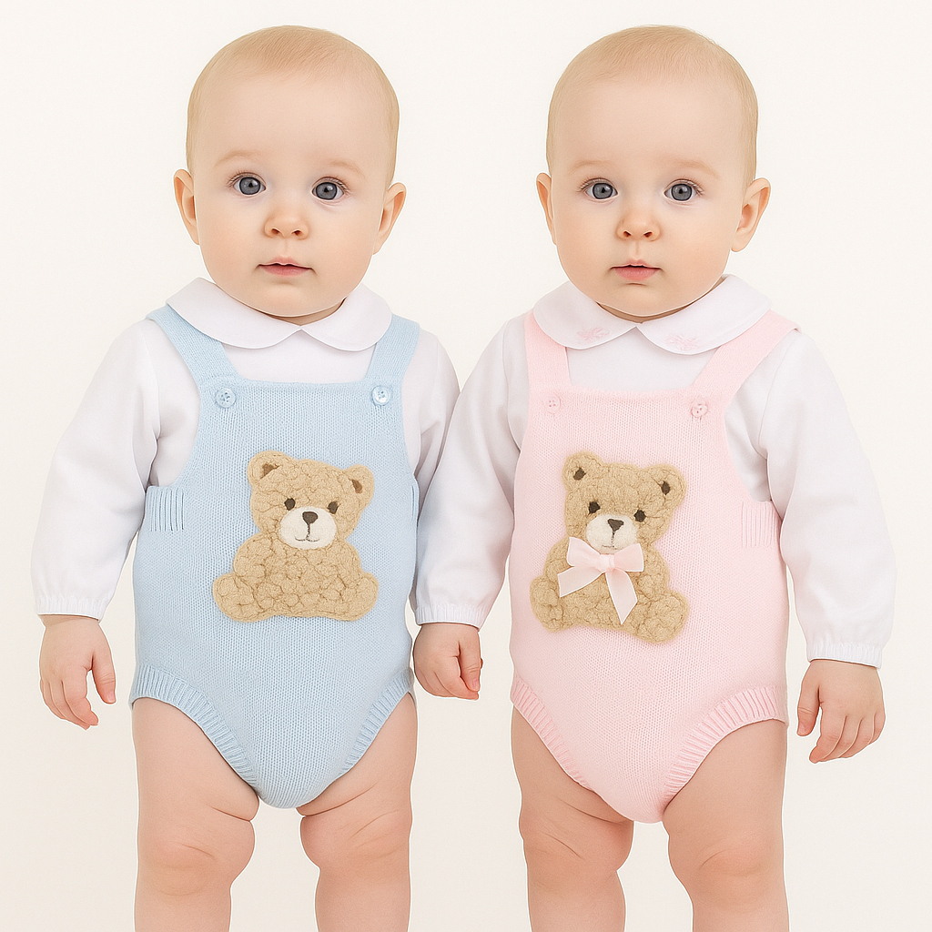 Pex Baby Teddy Dungaree Set – Blue| 0-3M to 18-24M | Knitted Outfit
