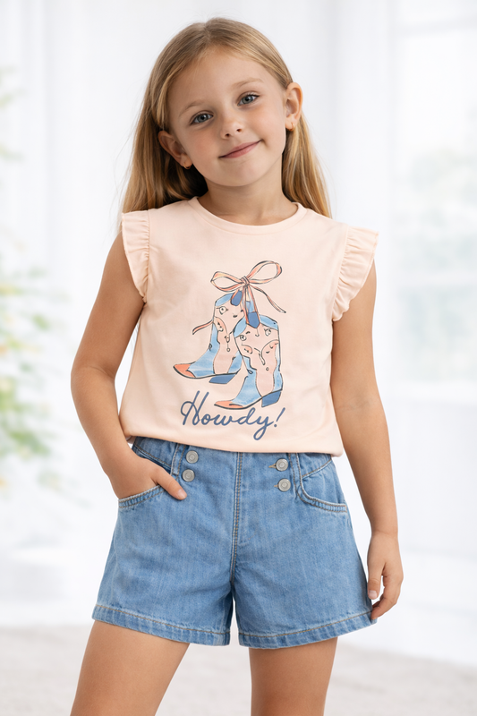 Pre-order Mayoral Girls Salmon Pink Graphic T-Shirt & Denim Shorts Set | 2-Piece Shorts Set (5–10 Years)