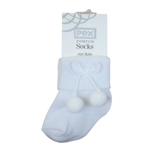 Baby Boys White Pom Pom Socks | Pex Soft Cotton Baby Socks (0-6m)