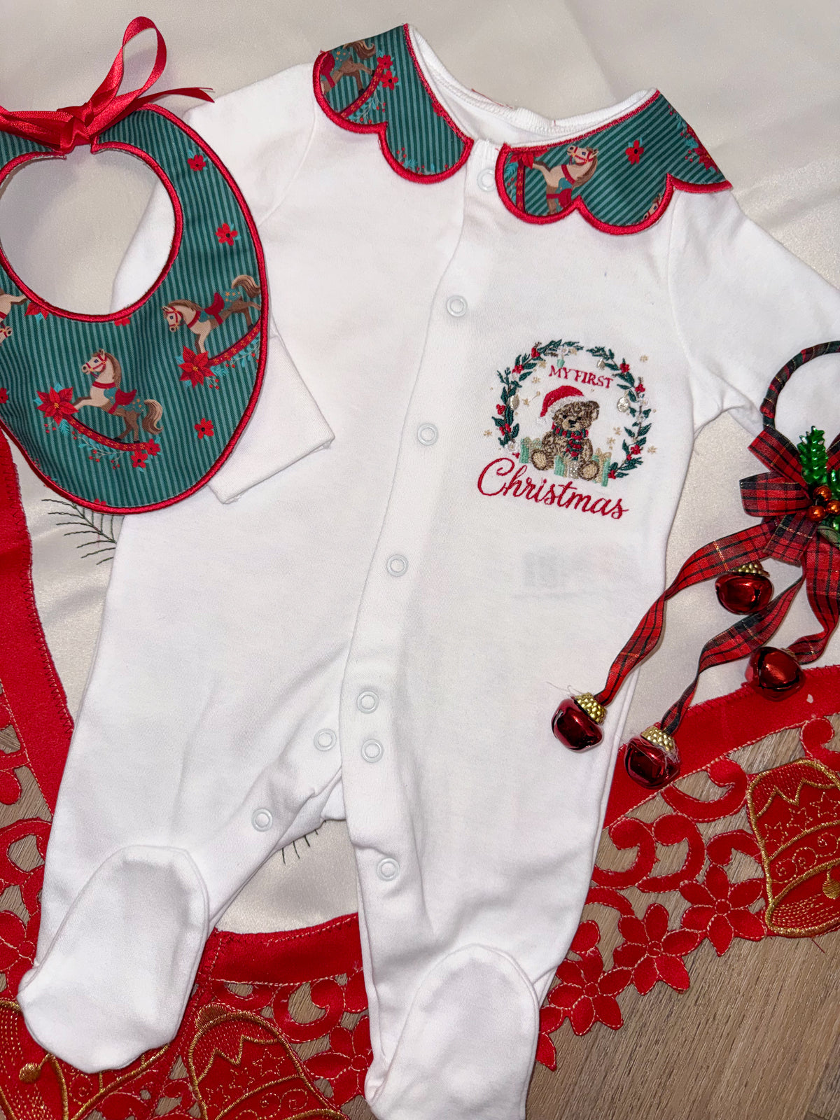 MADE TO ORDER My First Christmas | Embroidered Babygrow & Bib Set
