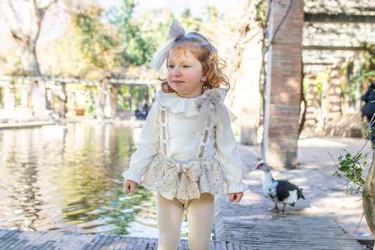 Naxos Baby Girls Cream Tweed  Bloomer Set | Luxury 2-Piece with Glitter Bow Detail (6M–2Y)