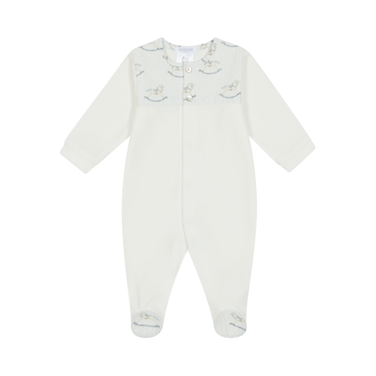 Deolinda 'FLORENCE' White & Baby Blue Rocking Horse Design Babygrow