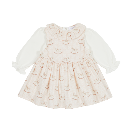 Deolinda 'FLORENCE' Baby Pink Rocking Horse Design Pinafore Dress & White Top