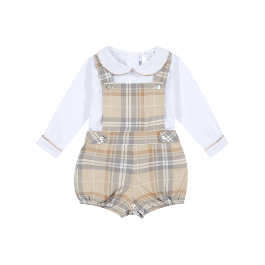 Deolinda 'SAND' Beige Tartan Dungaree & White Top