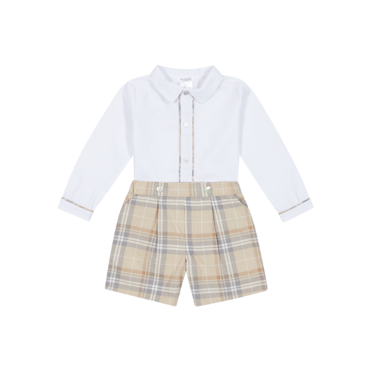 Deolinda 'SAND' Beige Tartan Shorts & White Shirt