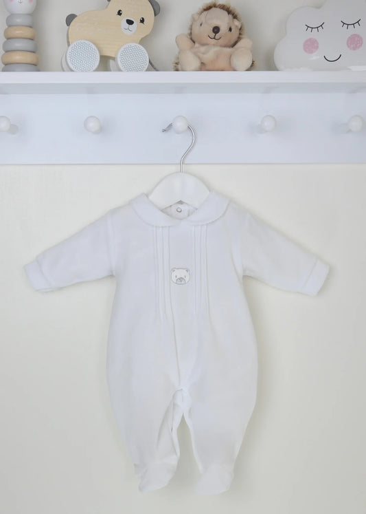 Pex White Velour Bear Sleepsuit | Prem to 3-6M