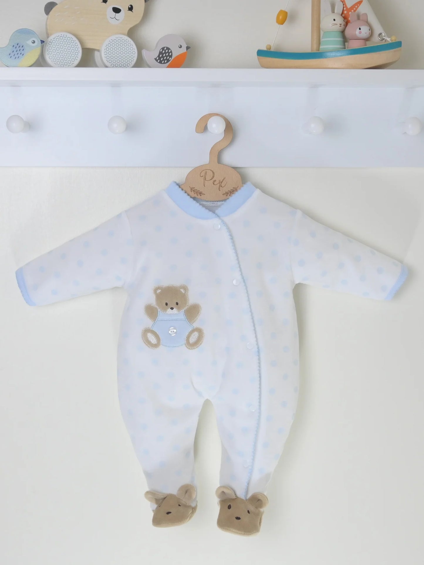 Pex White/Baby Blue Teddy Spot Sleepsuit | Prem to 3-6M