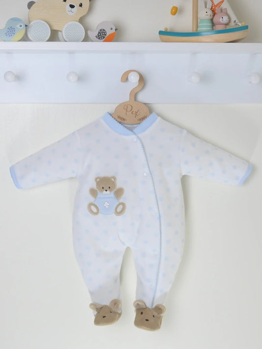 Pex White/Baby Blue Teddy Spot Sleepsuit | Prem to 3-6M