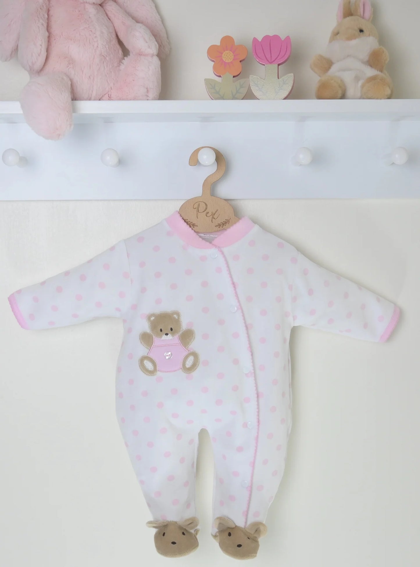 Pex White/Baby Pink Teddy Spot Sleepsuit | Prem to 3-6M