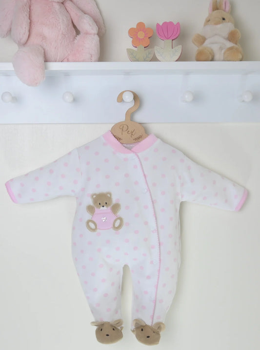 Pex White/Baby Pink Teddy Spot Sleepsuit | Prem to 3-6M