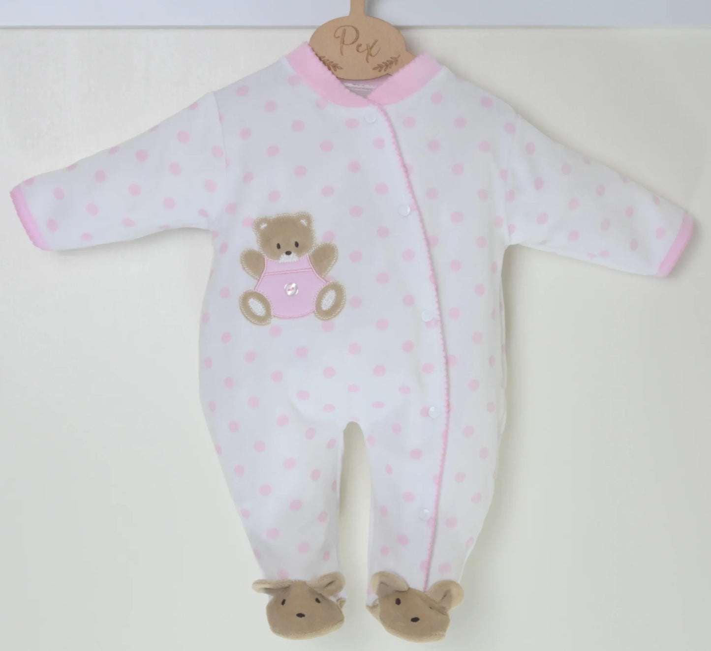 Pex White/Baby Pink Teddy Spot Sleepsuit | Prem to 3-6M