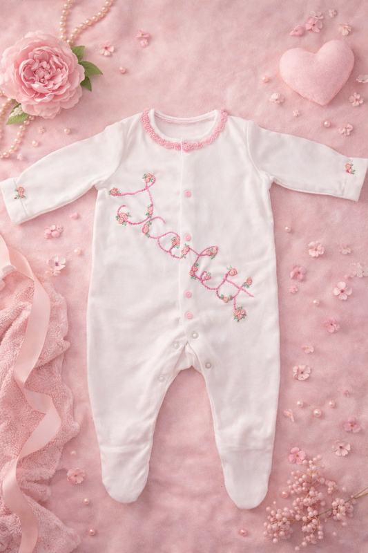 Personalised Crocheted Babygrow with Name | Handmade Heirloom Baby Gift