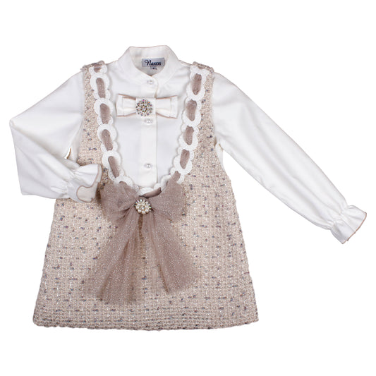 Naxos Girls Beige Tweed Pinafore & Ivory Blouse Set | Sparkle Bow & Jewel Detail Occasion Outfit (3-6Years)