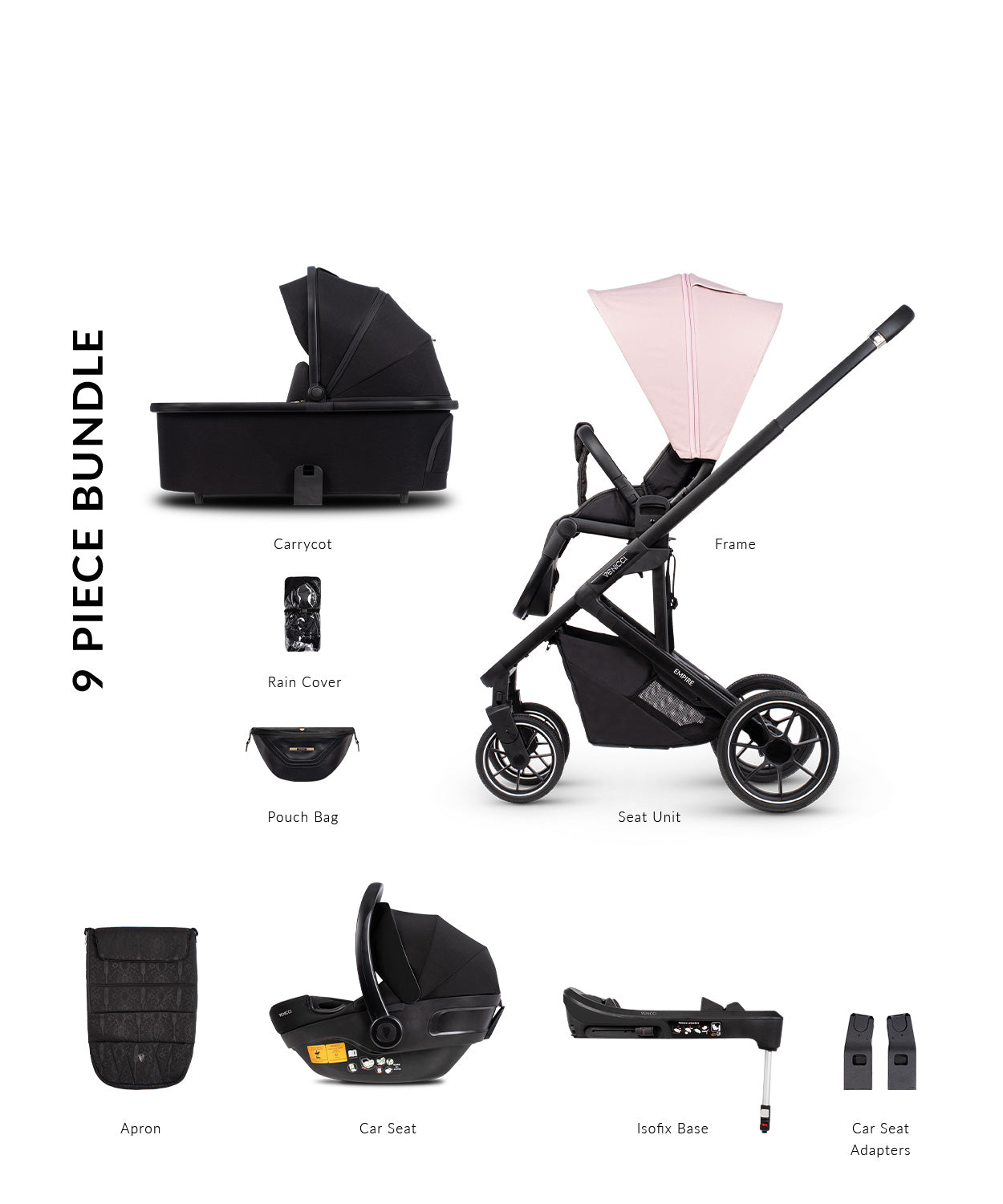 Venicci Empire 3 IN 1 9 Piece Pram Bundle Plus Base- 3 Colours