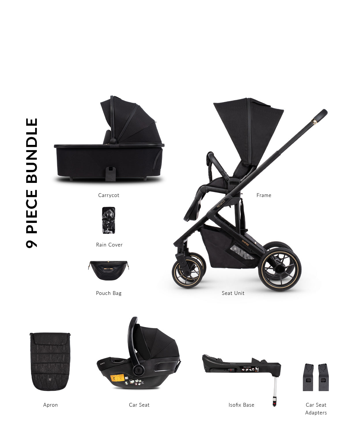 Venicci Empire 3 IN 1 9 Piece Pram Bundle Plus Base- 3 Colours