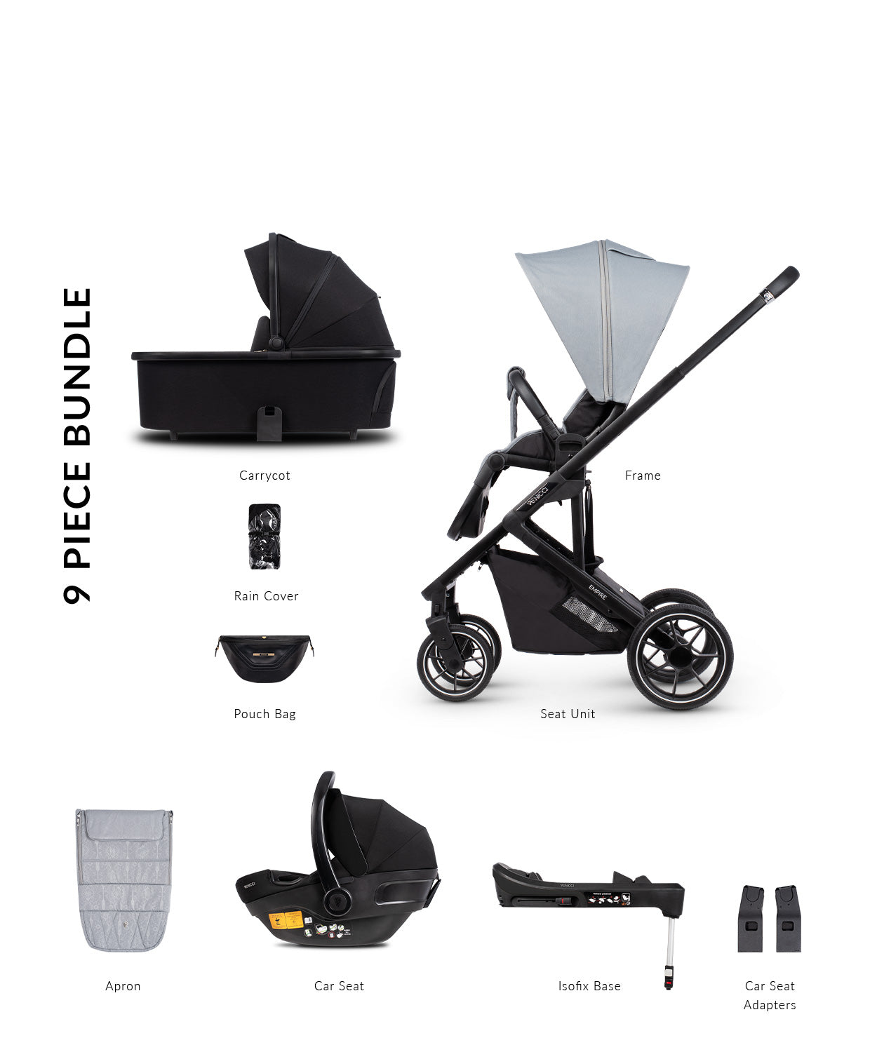 Venicci Empire 3 IN 1 9 Piece Pram Bundle Plus Base- 3 Colours