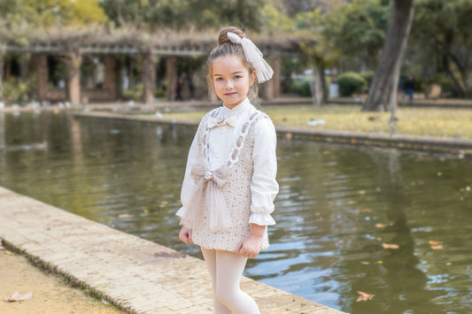 Naxos Girls Beige Tweed Pinafore & Ivory Blouse Set | Sparkle Bow & Jewel Detail Occasion Outfit (3-6Years)