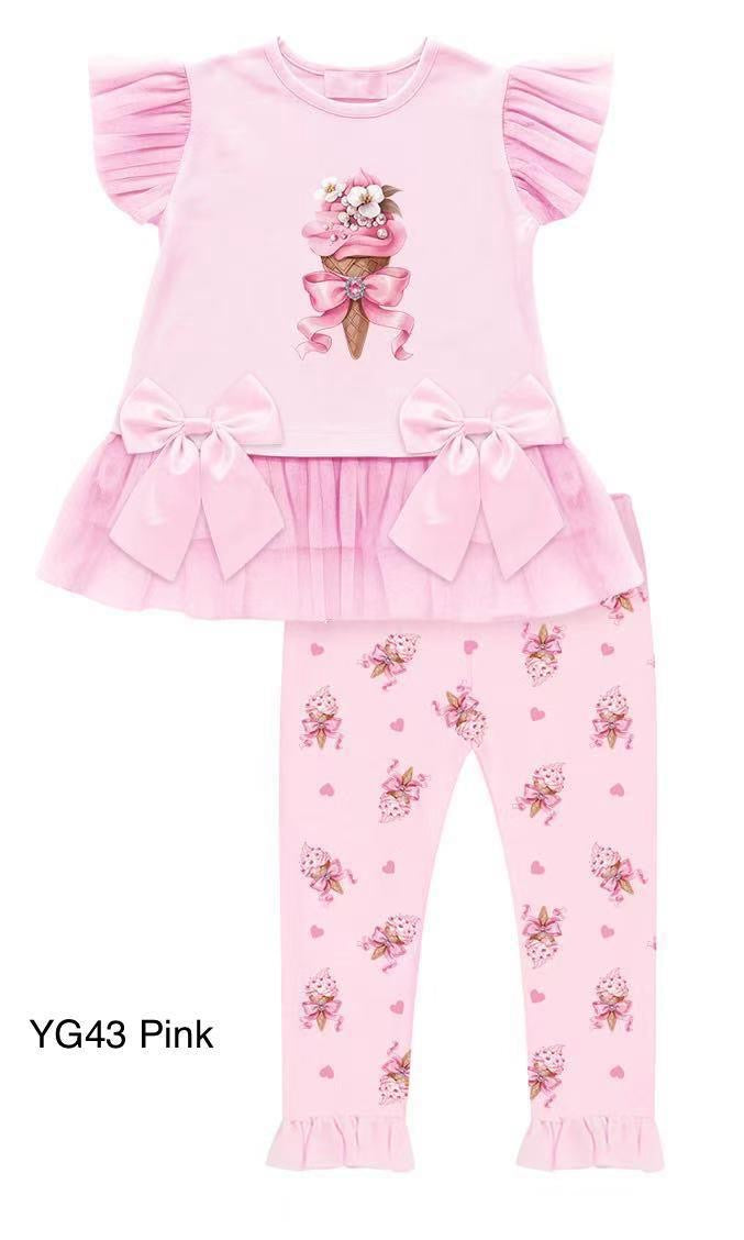 Girls Pink ‘Ice Cream’ Bow Legging Set | Boutique Tulle Top & Printed Leggings | Ages 1–8