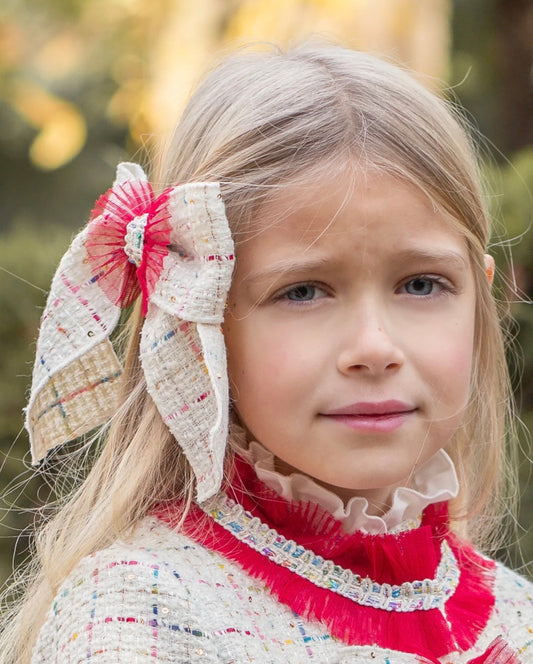 Naxos Girls Red & Cream Tweed Bow