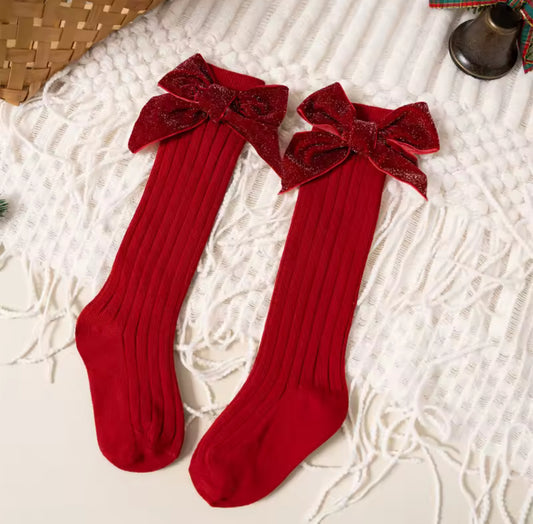 Little Stars 'Glitter Bow' Burgundy Ribbed Knee High Socks