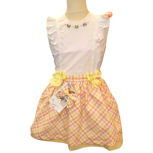 Pretty Originals Girls Peach & Lemon Check Skirt Set
