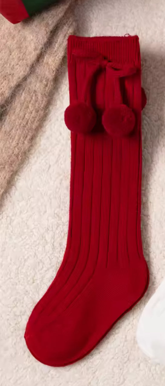 Little Stars 'Pom Pom' Burgundy Ribbed Knee High Socks