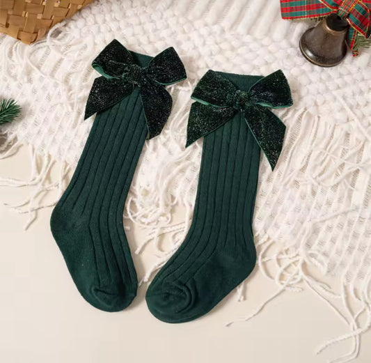 Little Stars 'Glitter Bow' Forest Green Ribbed Knee High Socks
