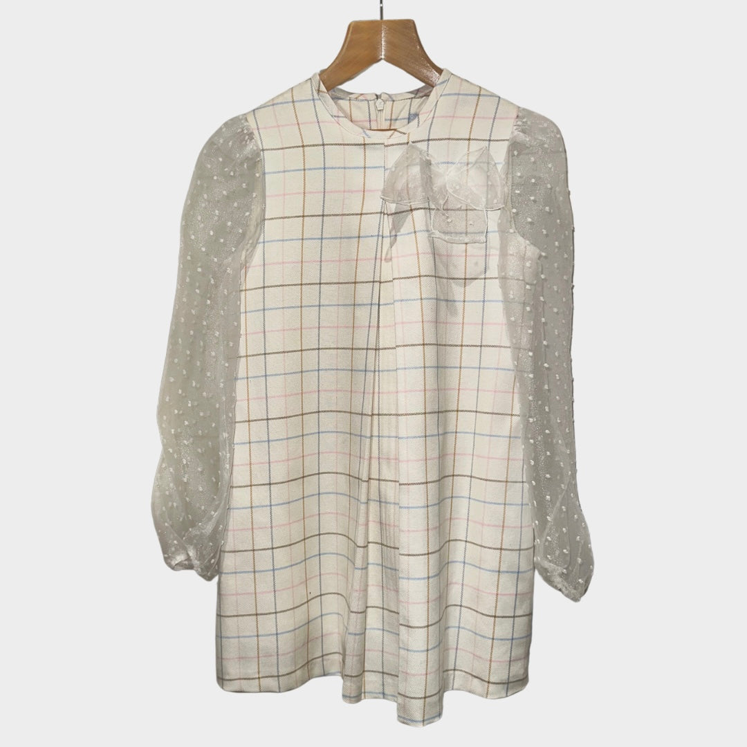 AW24 Babine Girls Cream Check Organza Sleeve Dress