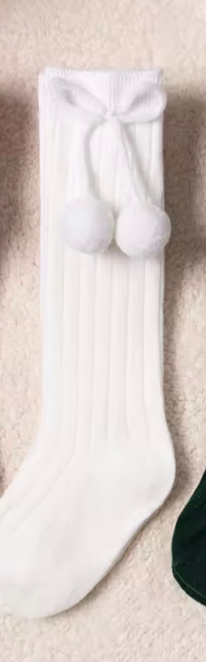 Little Stars 'Pom Pom' White Ribbed Knee High Socks