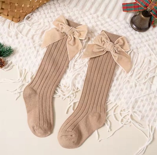 Little Stars 'Glitter Bow' Camel Ribbed Knee High Socks