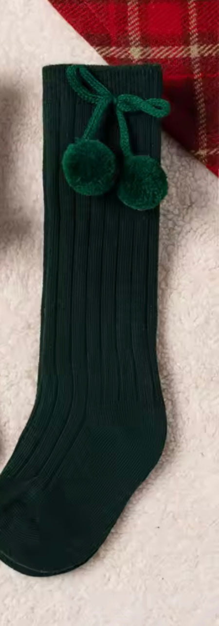 Little Stars 'Pom Pom' Forest Green Ribbed Knee High Socks