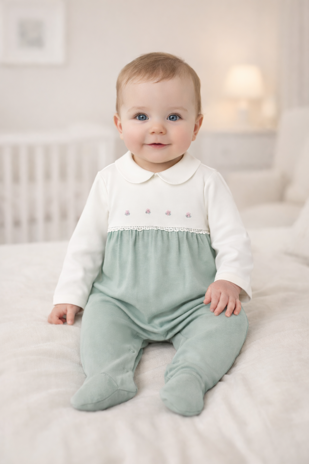 Pre-order Mayoral Baby Girl Rose/Embroidered Babygrow | Sage Green & Ivory Babygrow With Rose Embroidery (0M–12M)
